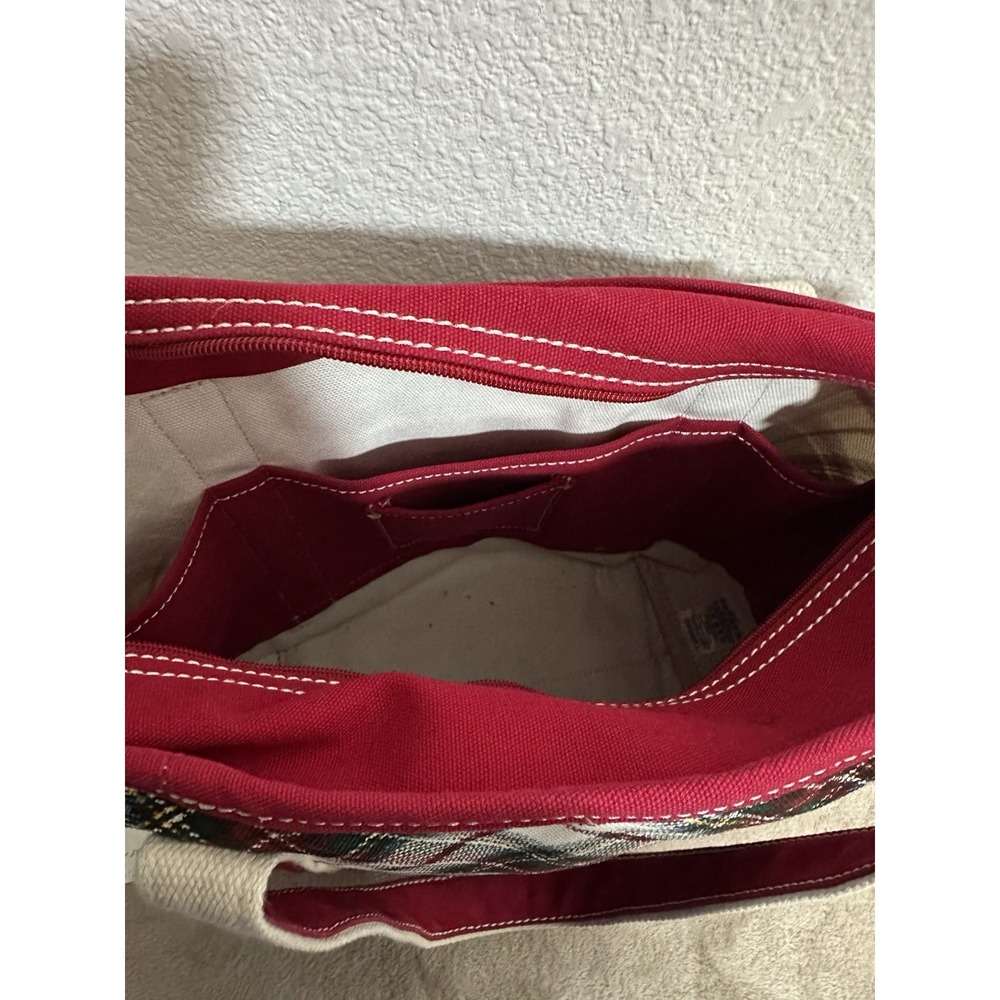 Lands‎ End M 5 Pocket ZipTop Canvas Tote Bag Christmas Red Green White plaid - Picture 5 of 6